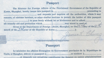 Reverse of travel certificate written in English, French, and Russian.
