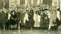 Representatives at the Korean Congress in Philadelphia. First row from left: (unknown), Min Chanho, Jeong Han-gyeong, (unknown), Seo Jaepil, Yi Seungman and Yun Byeonggu. Cheon Seheon, Jo Byeong-ok, Yu Ilhan, and others are seen to the right.