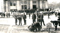 Police inspecting the incident in front of the Japanese Police Headquarters, Tokyo (January 8, 1932)