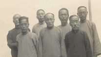 Members of the State Council of the Korean Provisional Government (Jiaxing, November, 1935). From left: Song Byeongjo, Jo Wan-gu, Kim Gu, Yi Dongnyeong, Jo Seonghwan, Yi Siyeong, Cha Riseok
