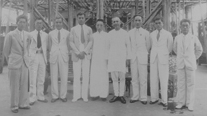Korean National Party reception for the Indian Medical Commission to aid China, in Guangdong, (September 21, 1938). From left: Min Yeonggu, (unknown), (unknown), (unknown), Eom Hangseop, (unknown), (unknown), (unknown), Kwon Iljung.