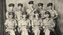 Korean Independence Army Liaison Unit soldiers who cooperated with British forces (New Delhi, India, August 29, 1943). First row from left: Kim Seongho, Han Jiseong, Roland C. Bacon (a British Liaison officer), Song Cheol. Second row from left: Mun Eungguk, Kim Sangjun, Bak Yeongjin, Choe Bongjin, Na Donggyu