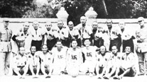 The Korean Independence Army soldiers in the Tenth branch school of the Chinese military academy (September 1944). First row from left: Kim Ujeon, Byeon Yeonggeun, Kim Yongmin, instructor Shin Songsik, Chinese instructor, (unknown), Kim Yugil, Noh Neungseo, Yi Sanggeol. Second row from left: Kim Hakgyu, Cha Yakdo, Hong Seokhun, Ahn Gwang-eon, (unknown), Kim Yeongrok, Jeon Riho, Seok Geunyeong, Han Seongsu, Hong Gihwa, Yi Pyeongsan