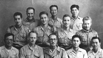 Executives of the Second Force of the Korean Independence Army and American OSS officers (September 30, 1945). First row from left: Noh Taejun, Clyde B. Sargent, Yi Beomseok, Ahn Chunsaeng, Noh Bokseon. Third row from left: (unknown), Yi Jaehyeon