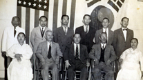 Leaders of the United Korean Committee in America (Honolulu, Hawaii, March 8, 1942). First row from left: Sim Yeongsin, Ahn Won-gyu, Yi Wonsun, Jo Byeong-yo, Min Hamra. Second row from left: (unknown), Do Jinho, Jeon Gyeongmu, Kim Hyeon-gu, (unknown), Kim Wonyong