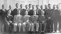 Representatives from Hawaii to the United Korean Committee in America, visiting Los Angeles (April 5, 1942). First row from left: Han Sidae, Jo Byeong-yo, Kim Ho, Yi Wonsun, Ahn Changho. Second row from left: Hong Eon, (unknown), (unknown), (unknown), Kim Hyeongsun, Kim Yongjung, Song Heonju, (unknown), Yi Am, (unknown), (unknown), (unknown), Song Jong-ik