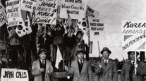 Anti-Japanese demonstration by the U.S. branch of the Korean National Revolutionary Party (1943). From left: Choe Neung-ik, Byeon Junho, Shin Dusik