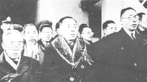 Welcoming ceremony to greet returning Provisional Government figures (Seoul stadium, December 19, 1945). From left: Yi Siyeong, Jo Wan-gu, Kim Gyusik, Kim Gu